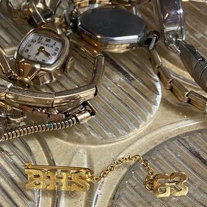 gold antique vintage BHS 63 double tie pin tack brooch high school graduate 1963